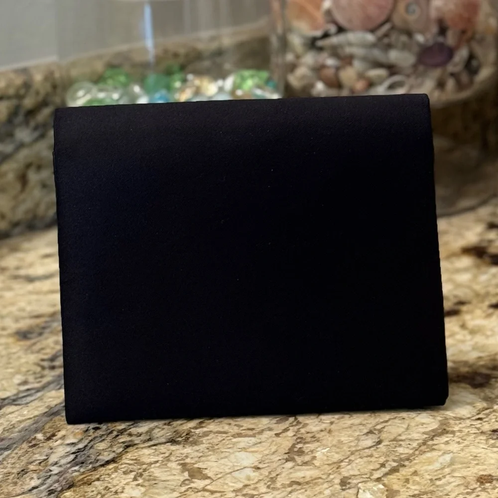 Black satin evening clutch or crossbody scalloped flap rhinestone trim 7.5”